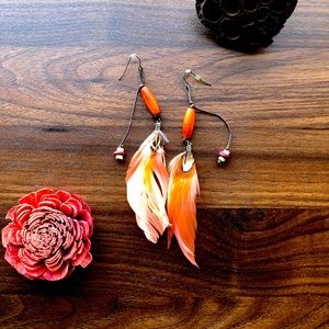 Feathered earrings w/ wooden accents